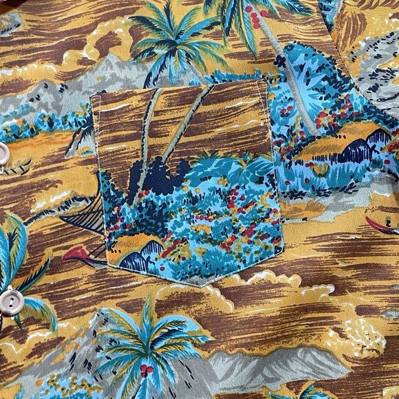 Vintage Waikiki 76 Mens Large Hawaiian Aloha Shirt Palm Trees Sail Boat Brown Lg - Picture 2 of 15